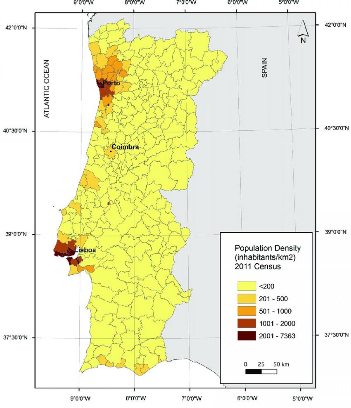 Carte de la densité du Portugal